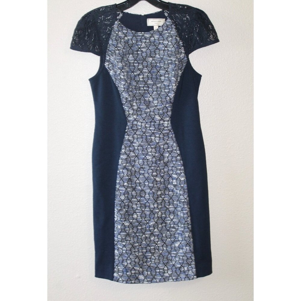 Moulinette Soeurs Womens Blue White Tweed Cap Sleeve Sheath Illusion Dress 4